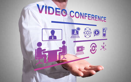 Video conference concept levitating above a human handの写真素材