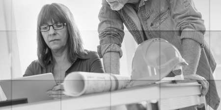 Architects working on plans at office, light effect, geometric pattern