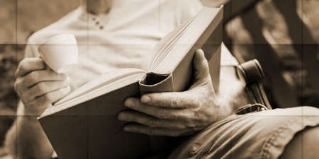 Man reading a book and holding a cup of coffee, geometric pattern