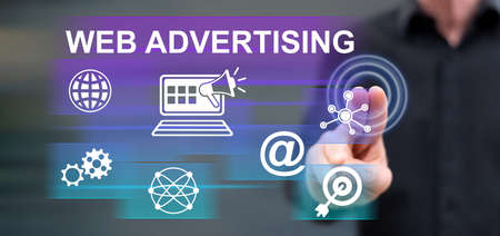 Man touching a web advertising concept on a touch screen with his fingers