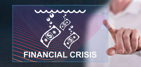 Man touching a financial crisis concept on a touch screen with his finger