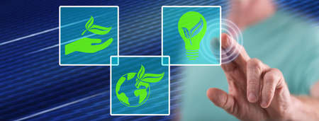 Man touching an ecology concept on a touch screen with his finger