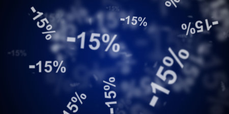 Flying -15% discount symbols over dark blue backgroundの写真素材