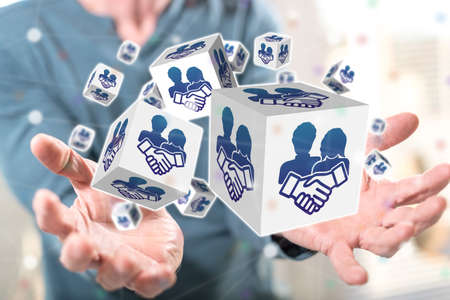 Collaboration concept above the hands of a man in background