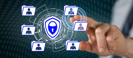 Man touching a personal data security concept on a touch screen with his finger