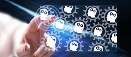 Woman touching a machine learning concept on a touch screen with her finger