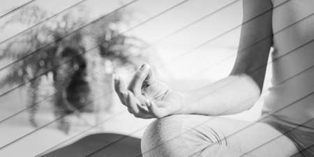 Woman practicing meditation, geometric patternの写真素材