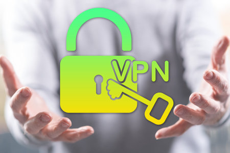 Vpn concept above the hands of a man in backgroundの写真素材