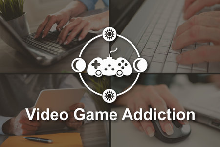 Video game addiction concept illustrated by pictures on backgroundの写真素材