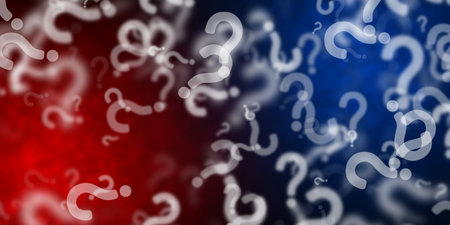 Flying question marks over red and blue backgroundの写真素材