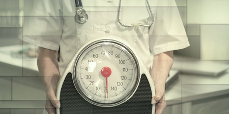 Female doctor holding a weight scale; concept of healthy eating, geometric pattern