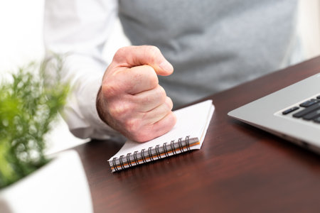 Angry businessman hitting his desk with his clenched fist
