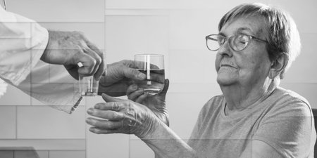 Doctor giving medicine pills to an elderly woman, geometric pattern