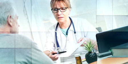 Female doctor giving prescription to her patient in medical office, geometric pattern