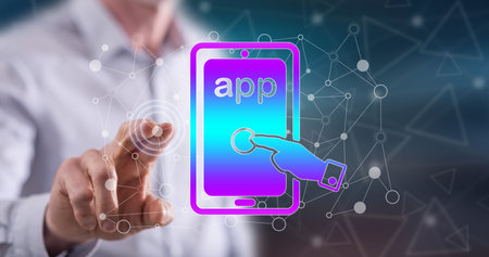 Man touching an app concept on a touch screen with his fingerの写真素材