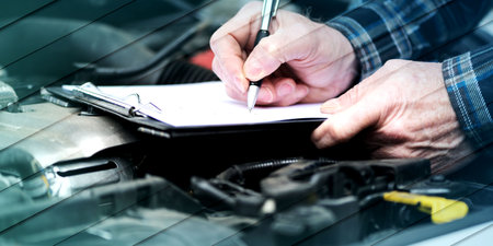 Car mechanic checking a car engine and writing on clipboard, geometric patternの写真素材