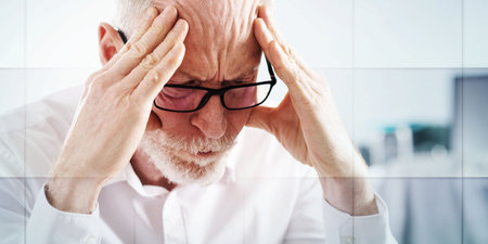 Portrait of a tired senior businessman, geometric patternの写真素材