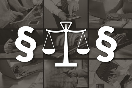 Justice concept illustrated by pictures on backgroundの写真素材