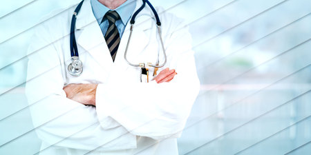 Doctor standing with arms crossed, geometric patternの写真素材