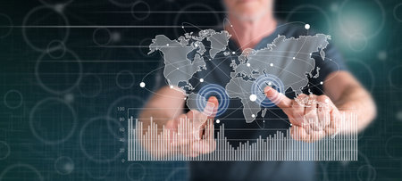 Man touching a digital marketing statistics concept on a touch screen with his fingers
