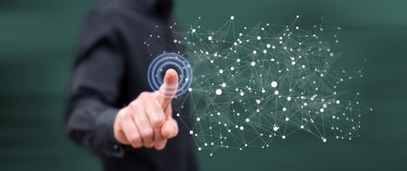 Man touching a virtual network on a touch screen with his finger