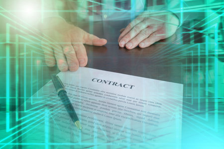 Businessman proposing to sign a contract; multiple exposure