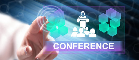 Woman touching a conference concept on a touch screen with her fingerの写真素材