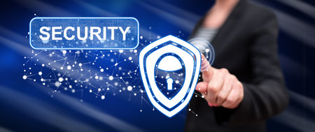 Woman touching a cyber security concept on a touch screen with her finger