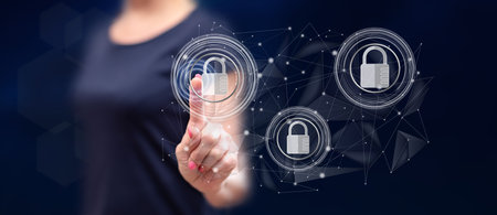 Woman touching a network safety concept on a touch screen with her finger