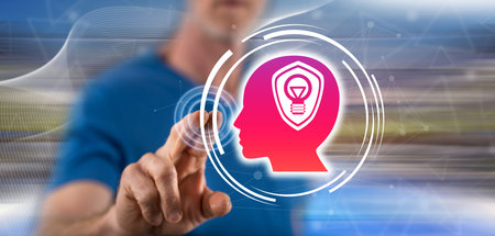 Man touching an intellectual property concept on a touch screen with his fingerの写真素材