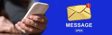 Hand holding mobile phone with message concept on background