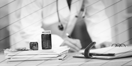 Pills and magazines on desk with doctor on background, geometric patternの写真素材