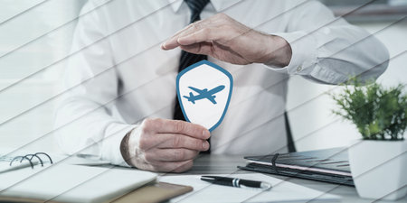 Concept of flight insurance with paper shield protected by hand of insurer, geometric patternの写真素材