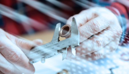 Plumber measuring a copper tube with a caliper; light-effectの写真素材