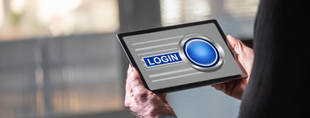 Tablet screen displaying a login conceptの写真素材