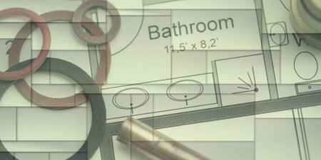 Plumbing equipment on a blueprint, geometric patternの写真素材