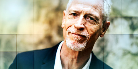 Portrait of handsome mature man, outdoors, light effect, geometric pattern