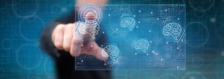 Man touching an artificial intelligence concept on a touch screen with his finger