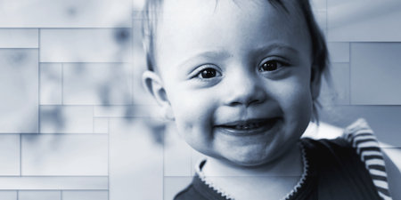Portrait of happy cute baby girl with a beautiful smile, geometric pattern