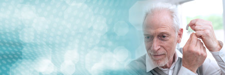Senior man putting hearing aids; panoramic banner