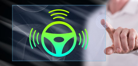 Man touching a self-driving concept car on a touch screen with his fingerの写真素材