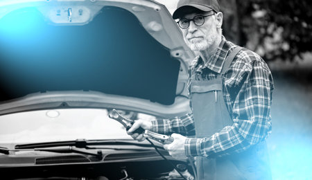 car mechanic using cables to start a car engine; light-effectの写真素材