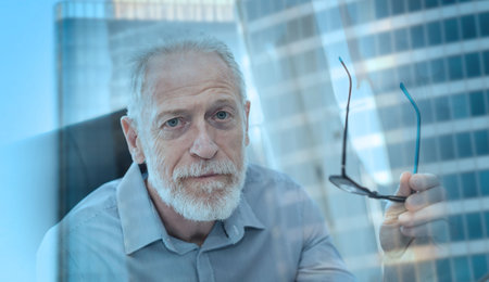 Portrait of senior businessman holding his glasses, looking at the camera; multiple exposureの写真素材