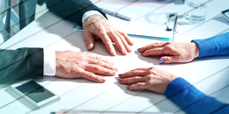 Situation of business negotiation between businesswoman and businessman, geometric pattern