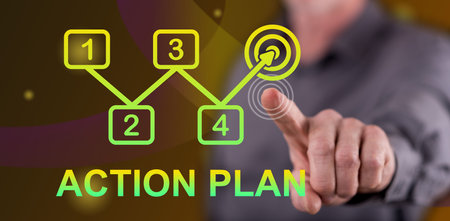 Man touching an action plan concept on a touch screen with his finger