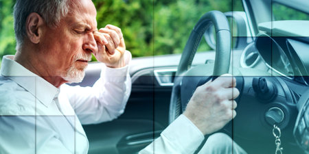 Tired senior man rubbing his eyes behind steering wheel of car, geometric pattern