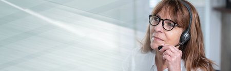 Portrait of female helpline operator in headset; panoramic bannerの写真素材