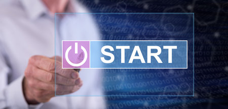 Man touching a start concept on a touch screen with a pen