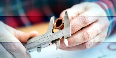 Plumber measuring a copper tube with a caliper, geometric patternの写真素材
