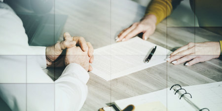 Situation of business negotiation between businesswoman and businessman, geometric pattern